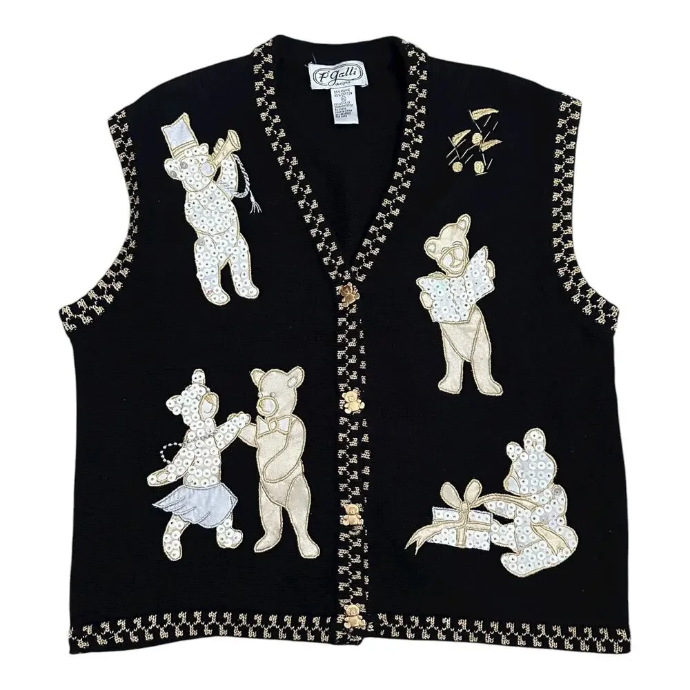 Vintage P’Galli Sequin Teddy Bear Christmas Vest XL Black Gold Holiday Sweater